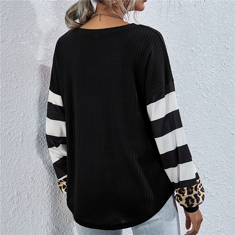 European and American Women Autumn and Winter Women's Clothing Women's Striped Stitching Long-sleeved T-shirt