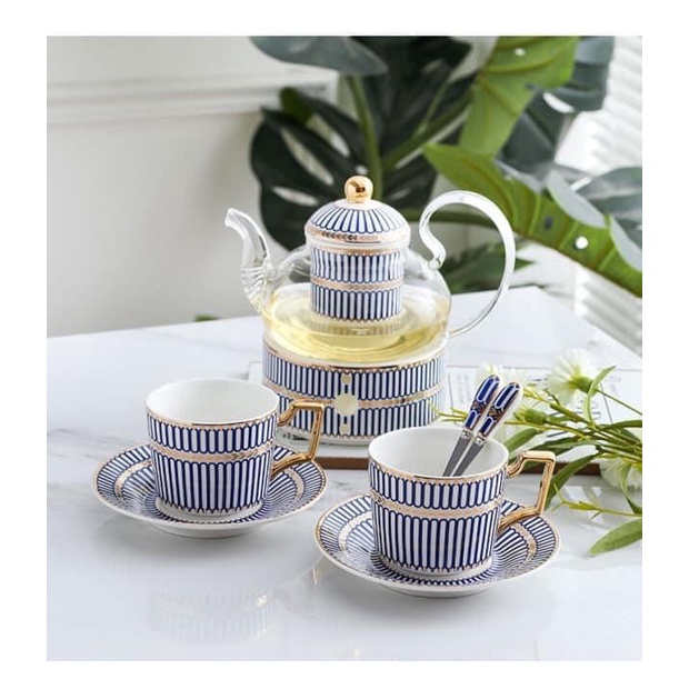 Bộ ấm chén, set trà họa tiết xanh kẻ dọc chất liệu sứ xương cao cấp, có hộp, sang trọng, đăng cấp hoàng gia