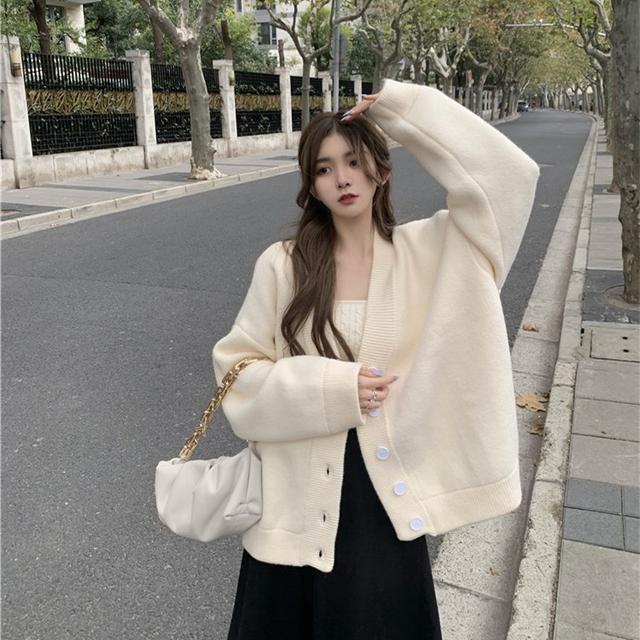 Set Áo Khoác Cardigan Dệt Kim Dày Dặn + Áo Ống + Chân Váy Chữ A Lưng Cao Phong Cách Retro