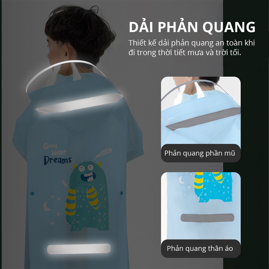 Áo Mưa Trẻ Em Deli - Siêu Dày Chống Thấm Nước Có Phản Quang Phơi Mau Khô Che Kín Người Kèm Túi Đựng, Chất Liệu An Toàn