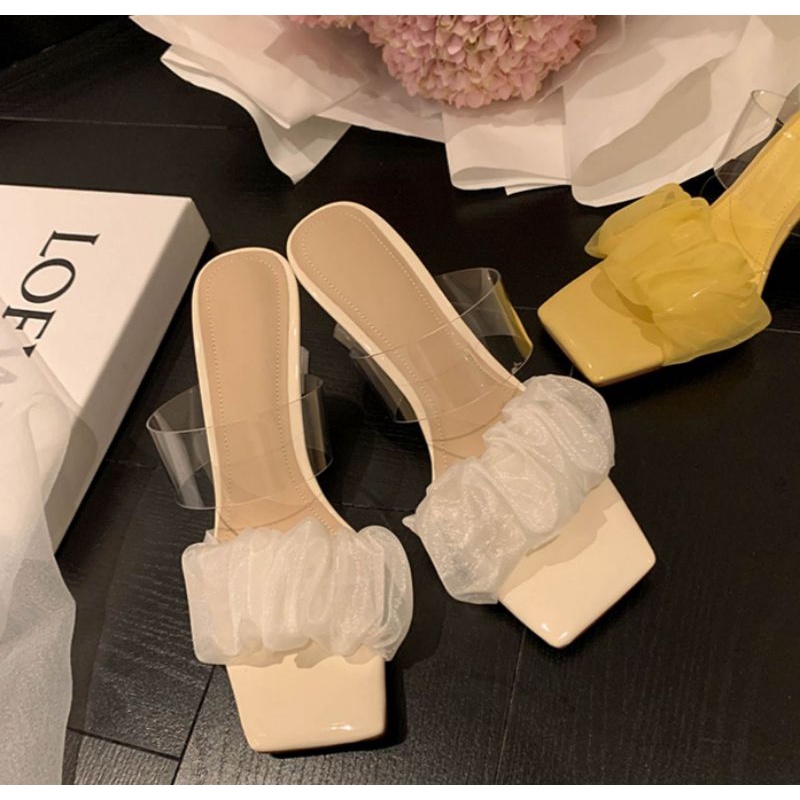 Guốc cao gót nữ màu trắng đế trong suốt 5 phân siêu hot VINA STORE mã SD32