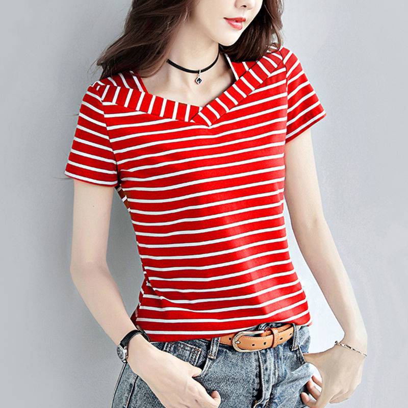 Áo Thun Tay Ngắn Cổ Chữ V Họa Tiết Kẻ Sọc Dễ Phối Đồ Thời Trang Cho Phụ Nữ Trung Niên