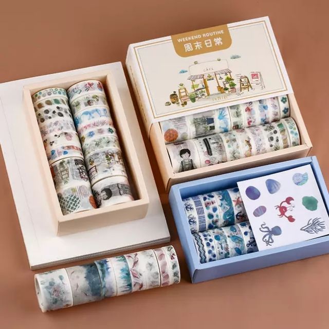 Set 16 cuộn washi tape + 8 tấm sticker N409