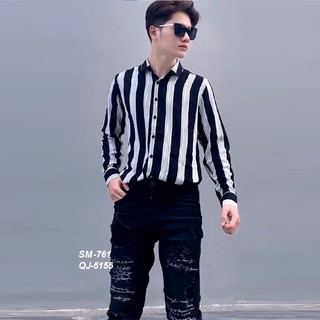 Áo sơ mi nam bx09, sơ mi nam tay dài bx09 hoạ tiết sọc đen trắng, vải lụa không nhăn, thoát khí