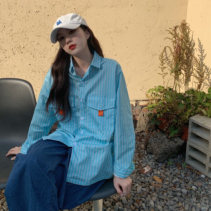 SUXI Áo Sơ Mi Nữ Dài Tay Dáng Rộng Kẻ Sọc Kiểu Retro Mới