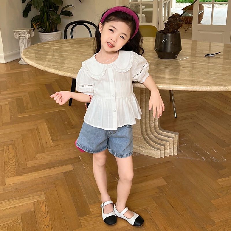 Áo Sơ Mi Cotton Tay Ngắn Phong Cách Hàn Quốc Thời Trang Mùa Hè Mới 2022 Dành Cho Bé Gái