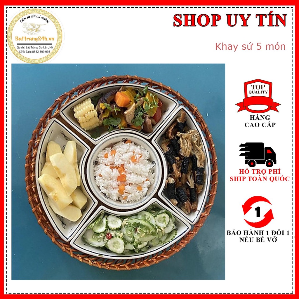 (Thanh lý giá rẻ) Bộ khay sứ 5 món men trắng nhám Bát Tràng kèm khay mây dùng cho gia đình và nhà hàng tiện dụng
