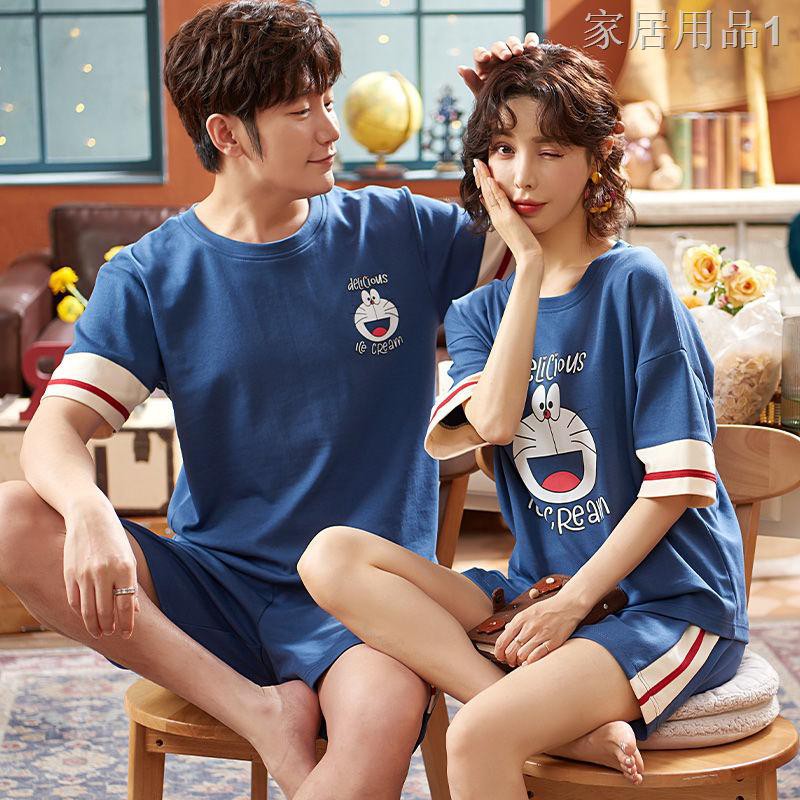 ☇Cặp đôi pyjama nữ mùa hè cotton ngắn tay Hàn Quốc nam kiểu dáng rộng rãi mỏng ở nhà Hai - bộ đồ1