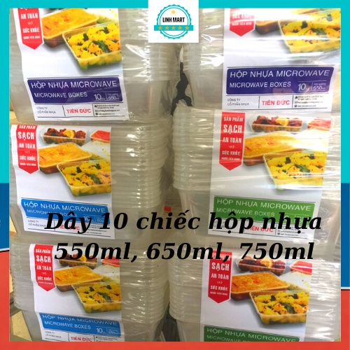 Set 10 hộp nhựa chữ nhật dùng 1 lần, hộp microwave kèm nắp LINHMART