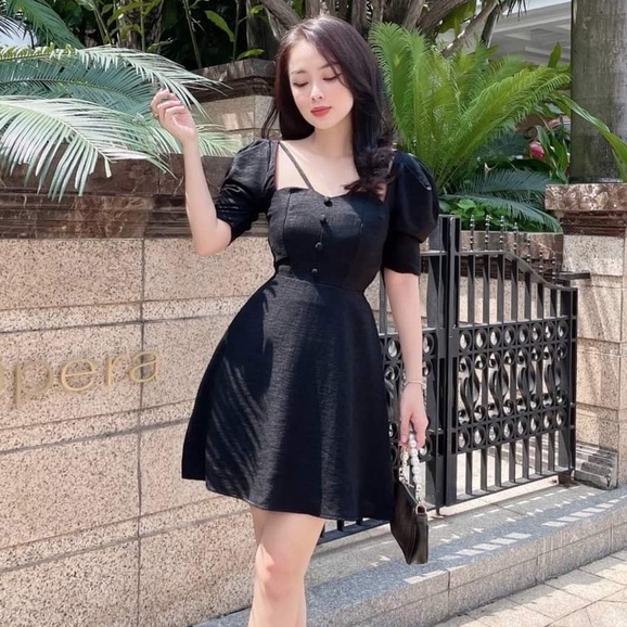 Váy đầm nữ dáng xòe tay lỡ cổ vuông phối dây nơ sang trọng thanh lịch thời nữ