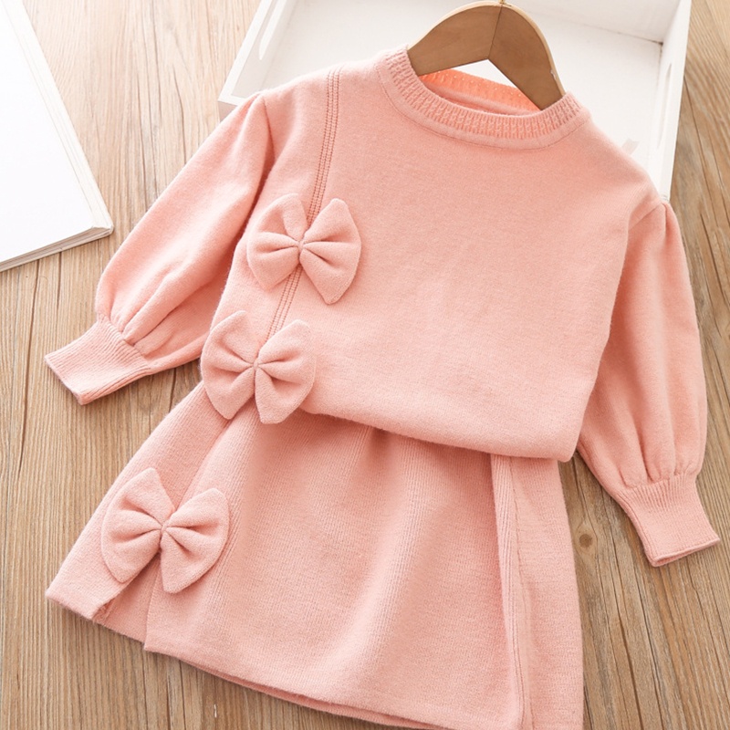 Bộ Áo Sweater Dệt Kim Tay Dài Đính Nơ Phối Chân Váy Thời Trang Thu Đông Dễ Thương Cho Bé Gái