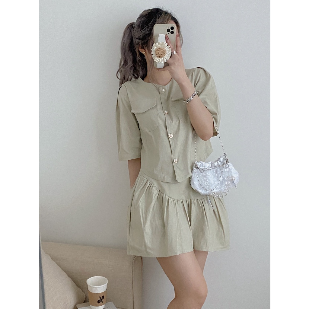 Set áo cổ tròn tay bồng mix chân váy đuôi cá