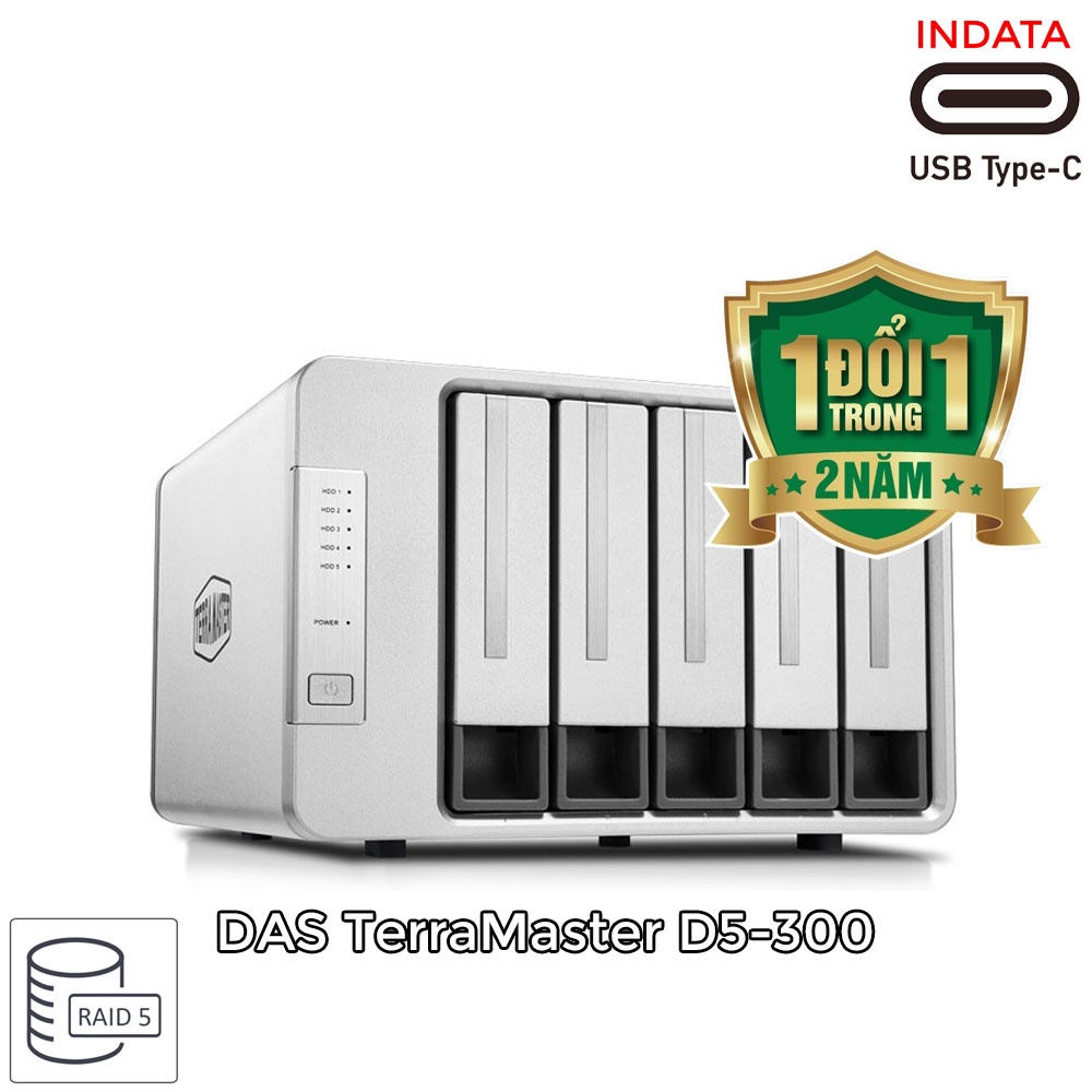 Bộ lưu trữ dữ liệu DAS TerraMaster D5-300 RAID 5, USB-C 3.0 SuperSpeed, 210MB/s, 5 khay ổ cứng RAID 5, up to 80TB