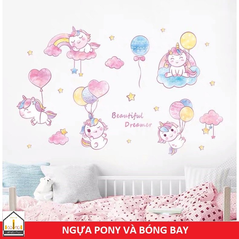 Decal dán tường NGỰA PONY VÀ BÓNG BAY (MS008) - Trang trí phòng bé
