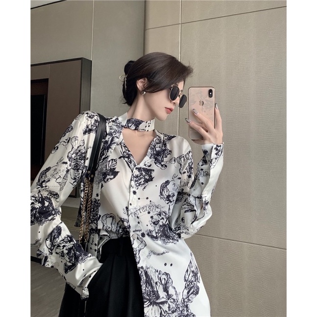 Áo Sơ Mi Lụa Hoạ Tiết Sang Chảnh Đính Kèm Khăn Lụa Cổ