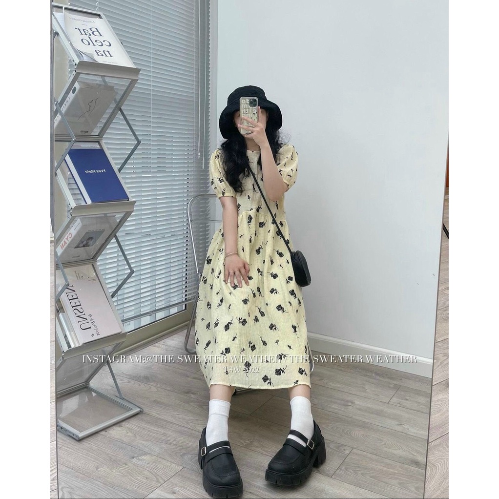 Đầm babydoll cộc tay họa tiết hoa hồng  Váy nữ dáng dài chất vải thô lụa mềm mát style Hàn quốc GUU