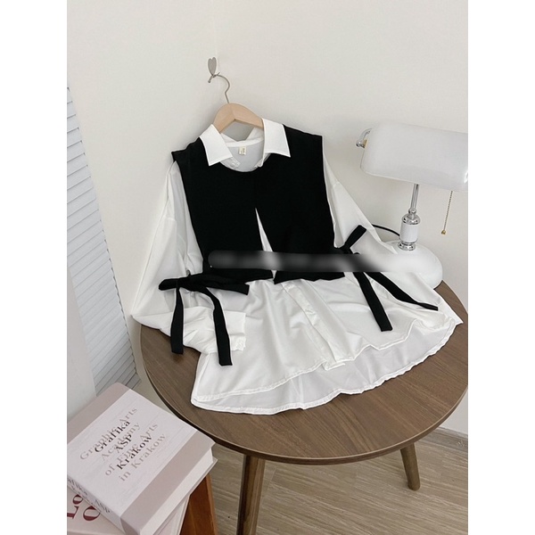 Áo sơ mi nữ tay dài tay ,Set áo sơ mi trắng cùng yếm gile đen buộc nơ hông style Hàn Quốc