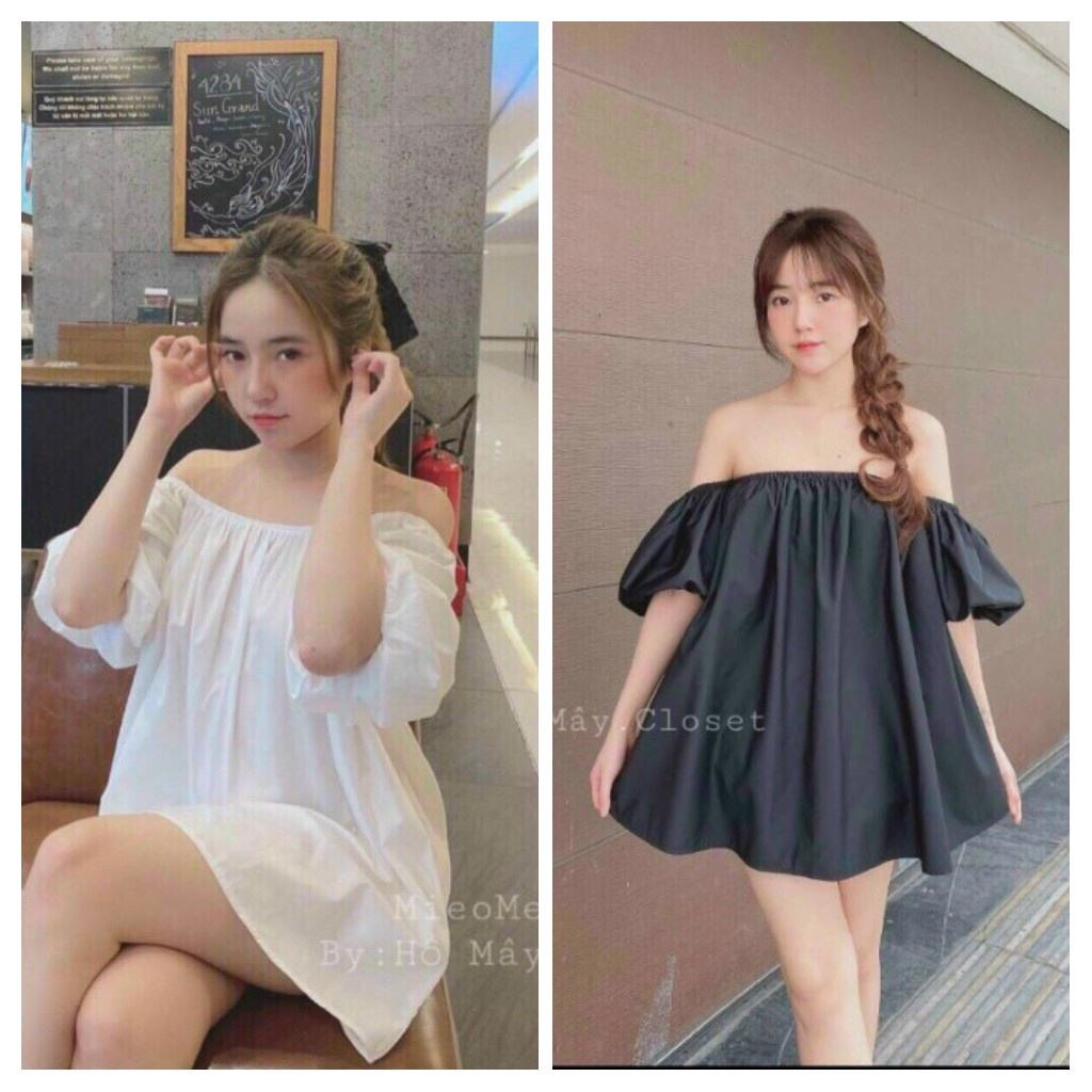 Áo bẹt vai tay phồng chất kate lụa dày dặn mềm mại có ảnh thật chính chủ