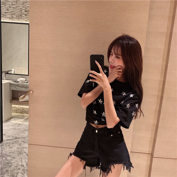Quần Short Denim Nữ Lưng Cao Ống Rộng Phong Cách Retro