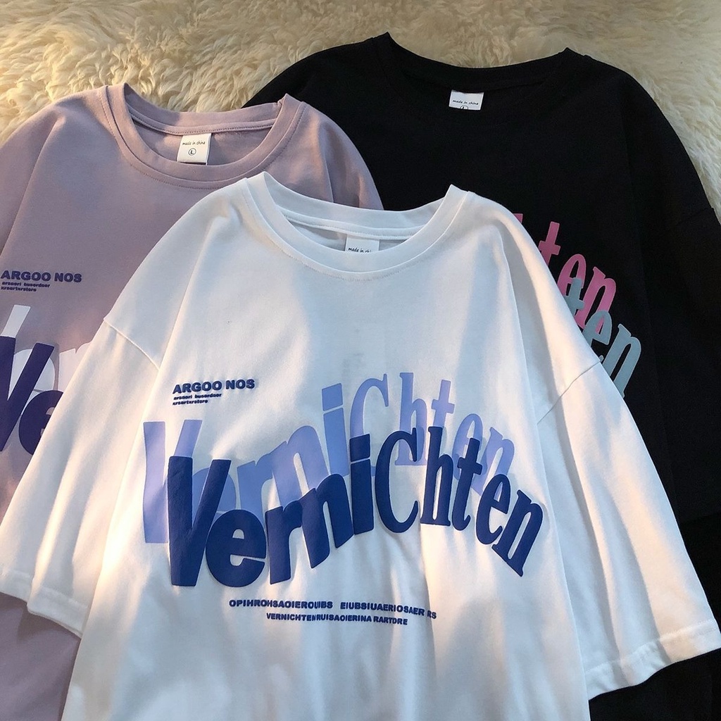 Áo thun PEWARN tay ngắn in chữ dễ thương phong cách Hàn Quốc thời trang cho nữ oversize size M-3XL