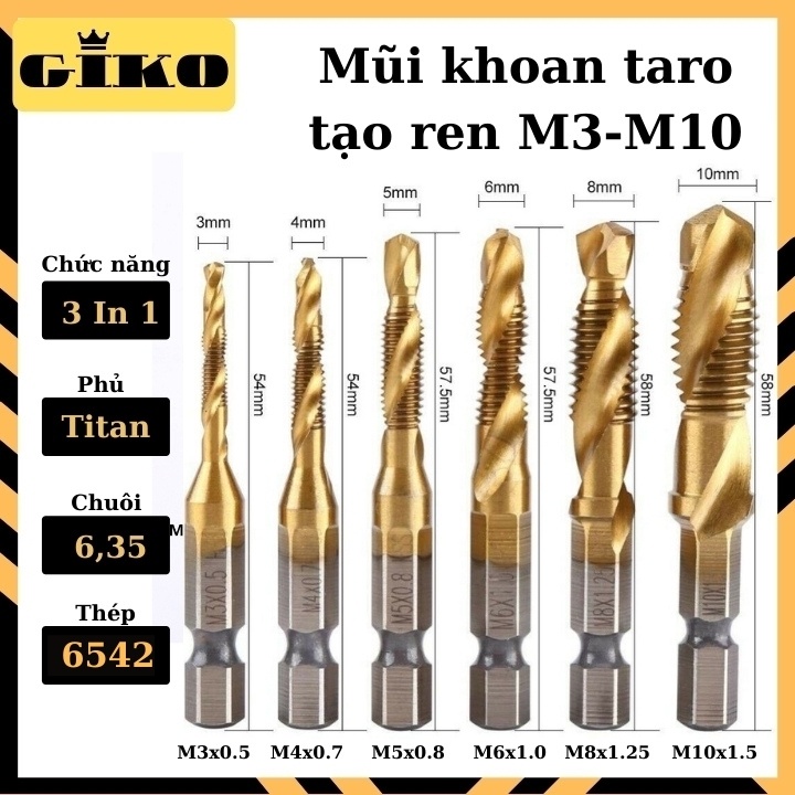 Mũi khoan taro ren trong 3 chức năng m3 - m10 6542 phủ titan, bộ 6 mũi khoan tạo ren đa năng [GK 0022]