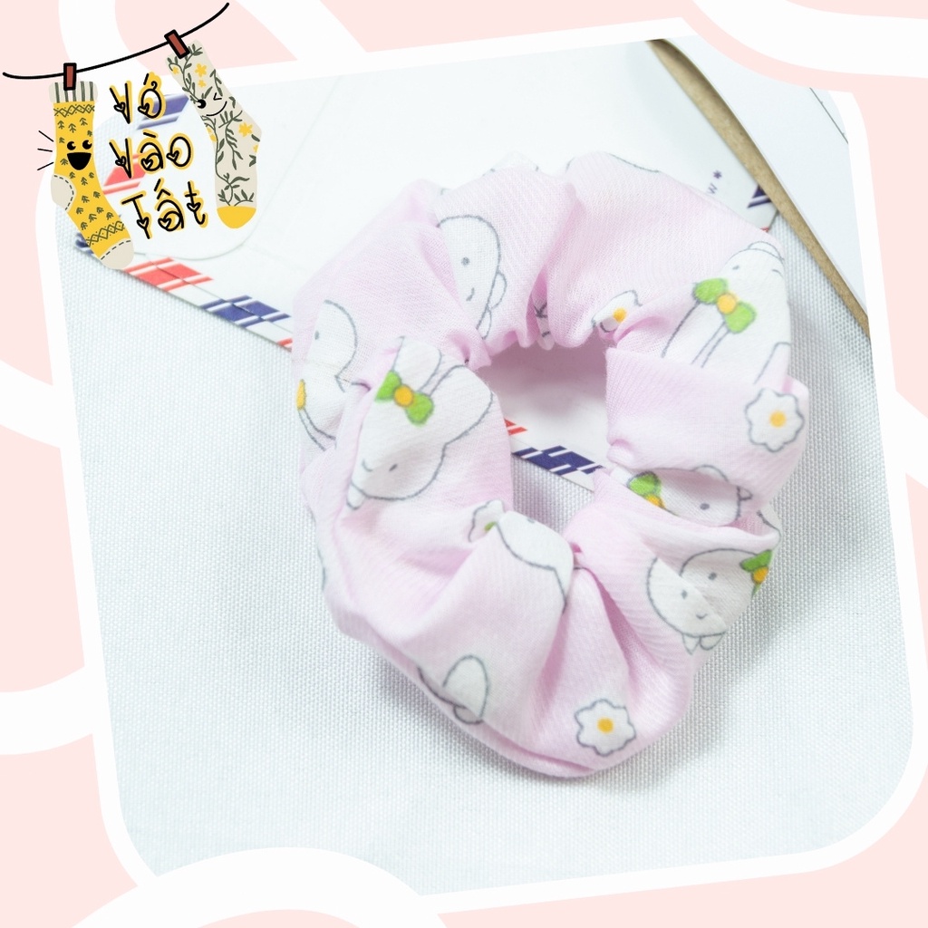 Buộc tóc scrunchies vải đũi trơn họa tiết thú hoạt hình dễ thương