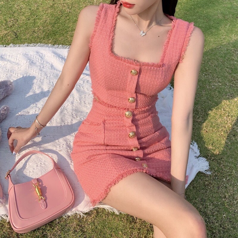 Set dạ tweed áo croptop cổ vuông hai dây phối chân váy ôm mùa hè gợi cảm, có ảnh thật