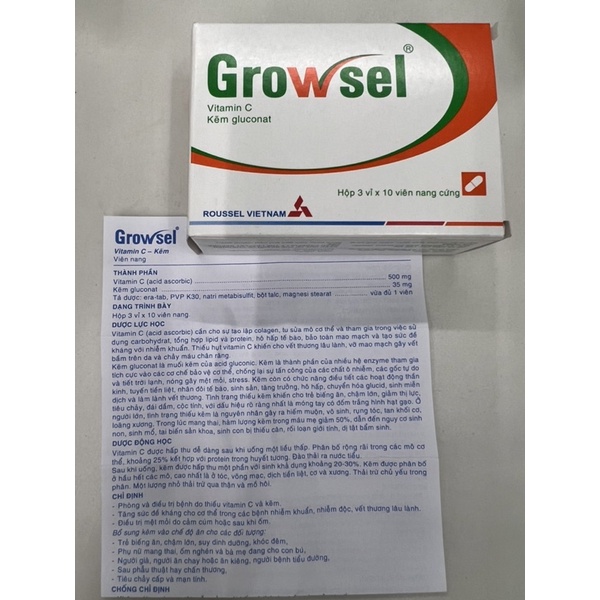 Growsel / Growell  bổ sung vitamin c và kẽm giúp giảm mụn - Hộp 30v