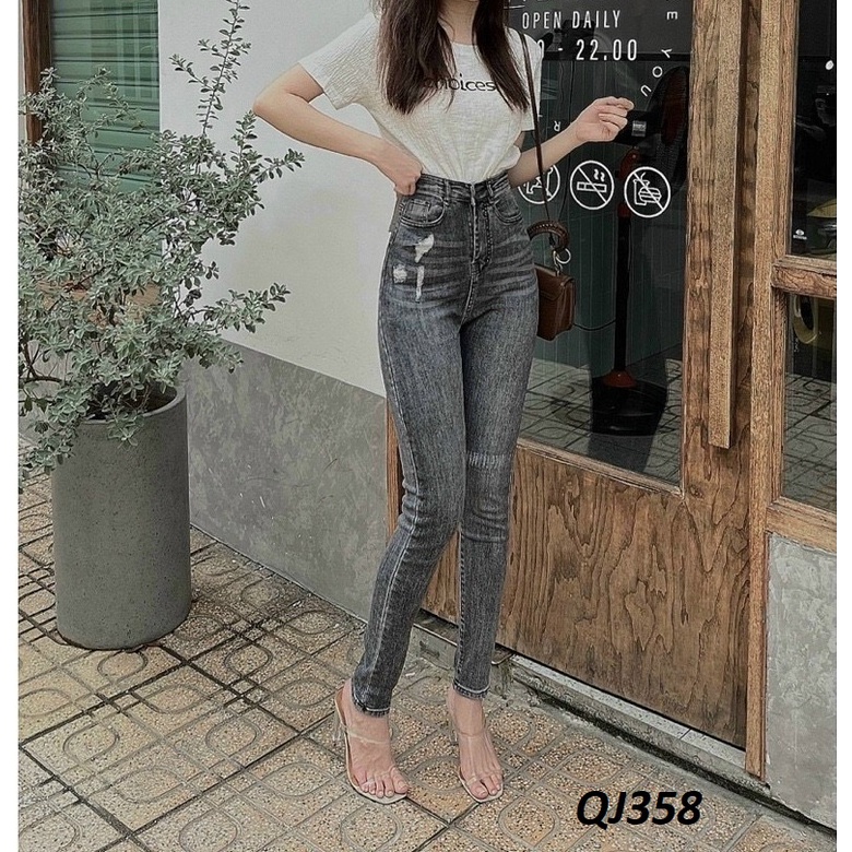 Quần jean skinny rách gối lưng cao QJ358