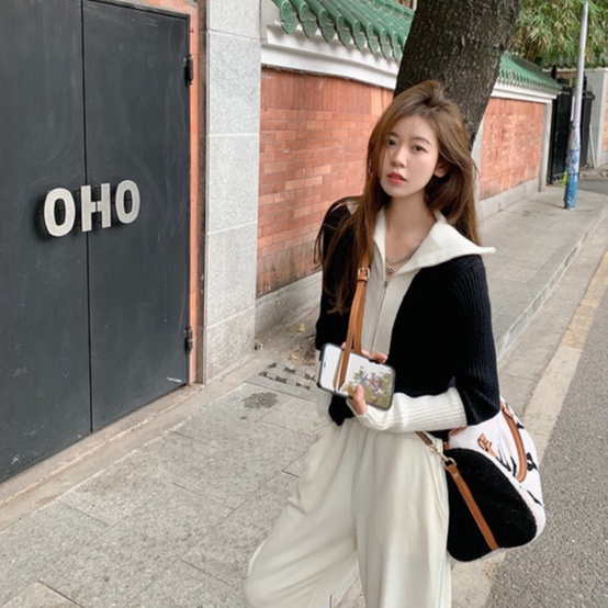 Áo sweater dệt kim ZHELIHANGFEI tay dài cổ polo phối khóa kéo thời trang