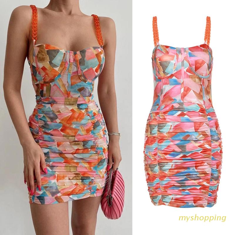 Đầm hai dây dáng ôm họa tiết hình học nhiều màu phong cách cổ điển quyến rũ cho nữ