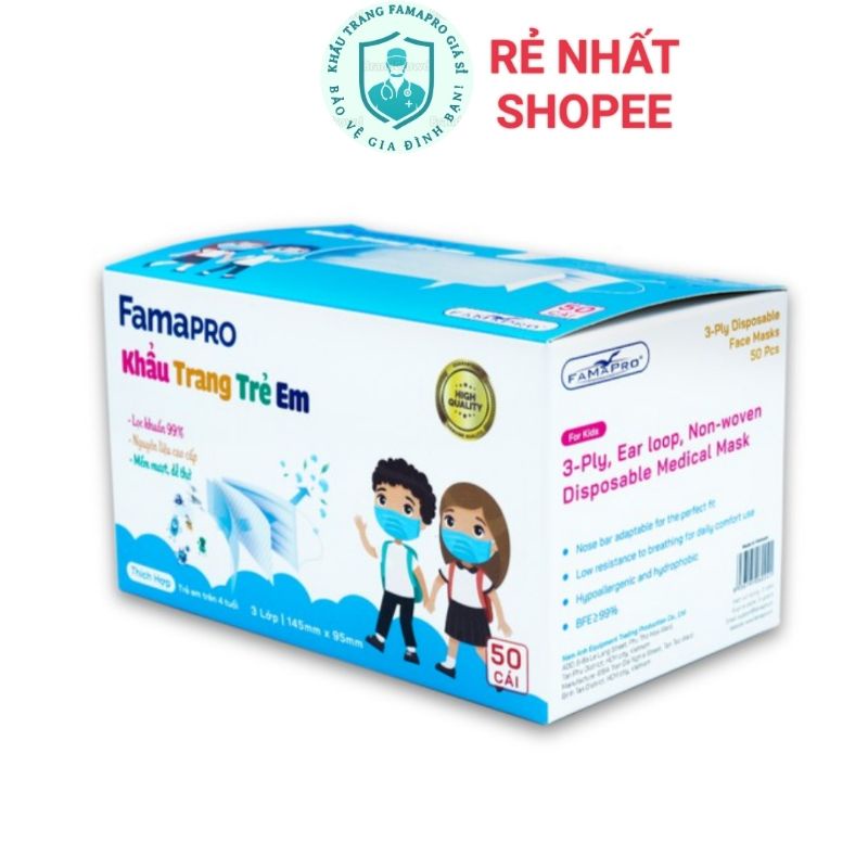 Khẩu trang Famapro max Kids, Hộp 50 cái. Khẩu trang chất lượng cho em bé từ 4-10 tuổi
