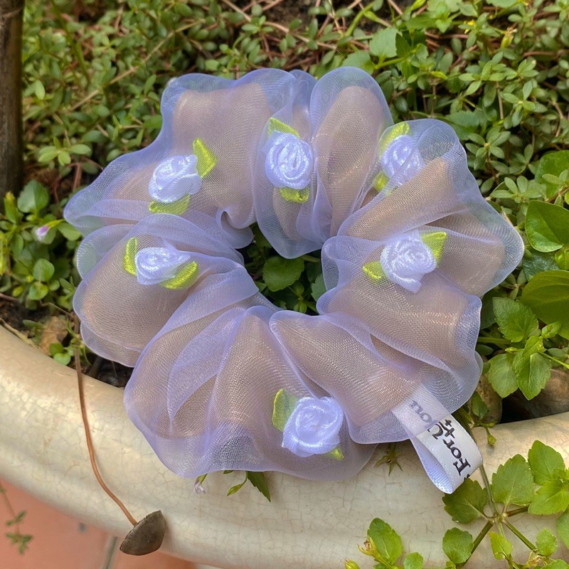 Đồ buộc tóc scrunchies voan 2 lớp thêu hoa hồng (màu mới)🤎