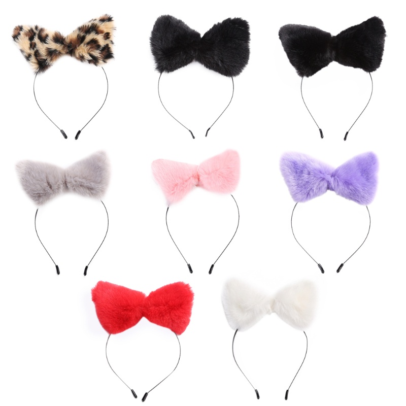 Băng Đô Tai Mèo Bằng Lông Giả Màu Trơn Họa Tiết Da Báo Phong Cách Lolita