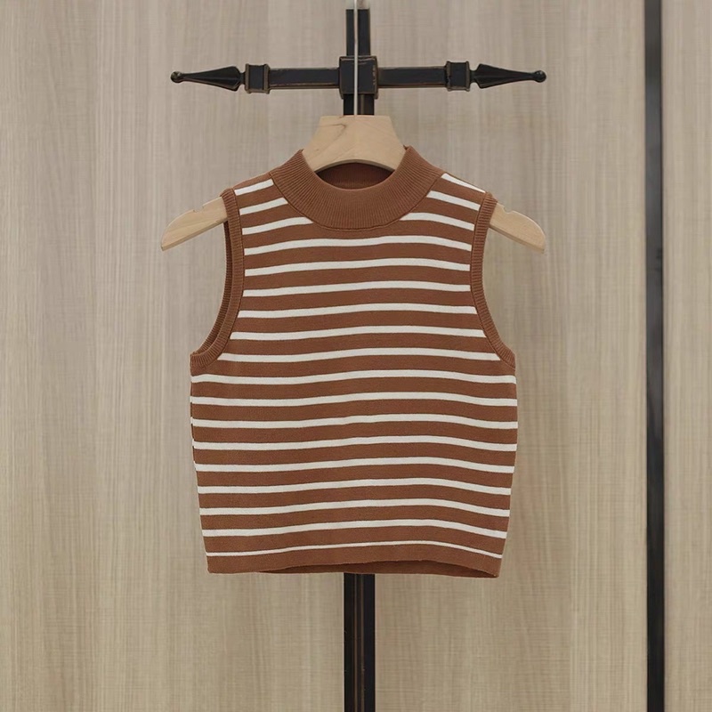 Áo Len Sát Nách cổ cao, Áo yếm sọc ngang dáng croptop ôm body không tay, Phong Cách Gợi Cảm trẻ trung Năng Động