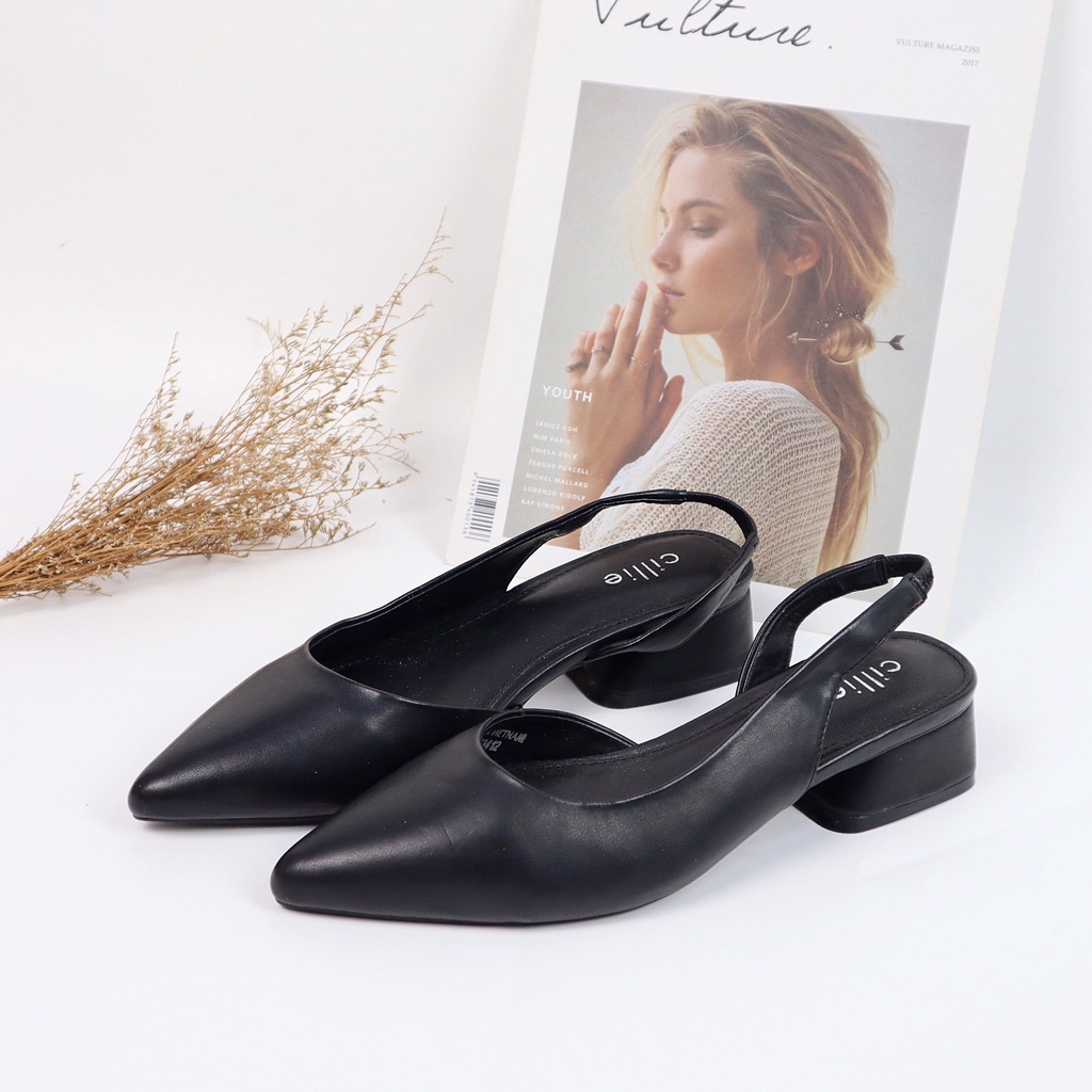 Giày cao gót slingback nữ mũi nhọn thanh lịch gót vuông cao 4cm đi chơi dạo phố đi làm Cillie 1041