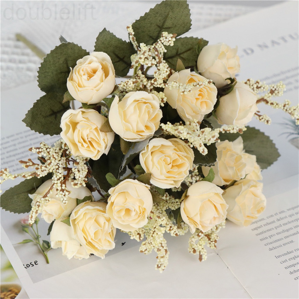 5 Nhánh Hoa Hồng Nhân Tạo 15 Bông Trang Trí Tiệc Cưới