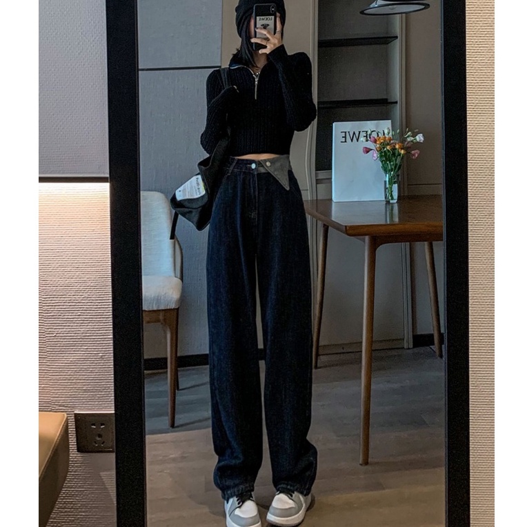 Quần Jeans Ống Rộng Cạp Cao Dáng Suông Vạt Tam Giác Q64 Ulzzang | WebRaoVat - webraovat.net.vn