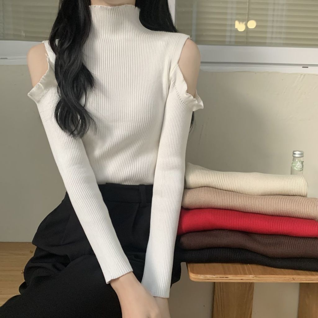 Áo Len Tay Dài Cổ Cao Hở Vai Thời Trang Cho Nữ