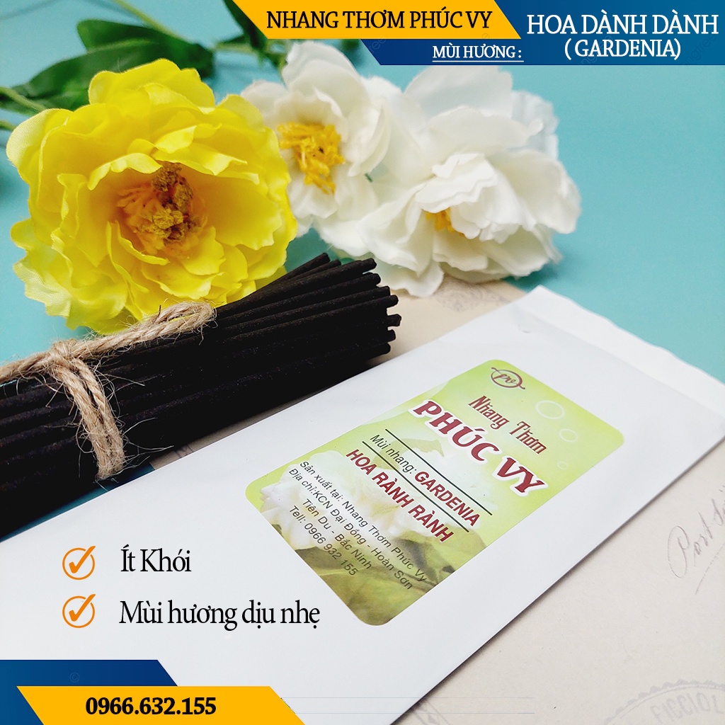 Nhang Thơm Phúc Vy Hương Hoa Dành Dành - Túi 39 Cây 28cm, Ít Khói, Thơm Nhẹ, Dễ Chịu, Không kích mũi