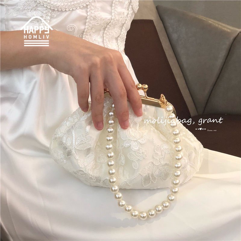 Túi xách đeo chéo HAPPY HOMLIV handmade màu trắng đính ngọc trai thời trang mùa hè cho nữ đi tiệc