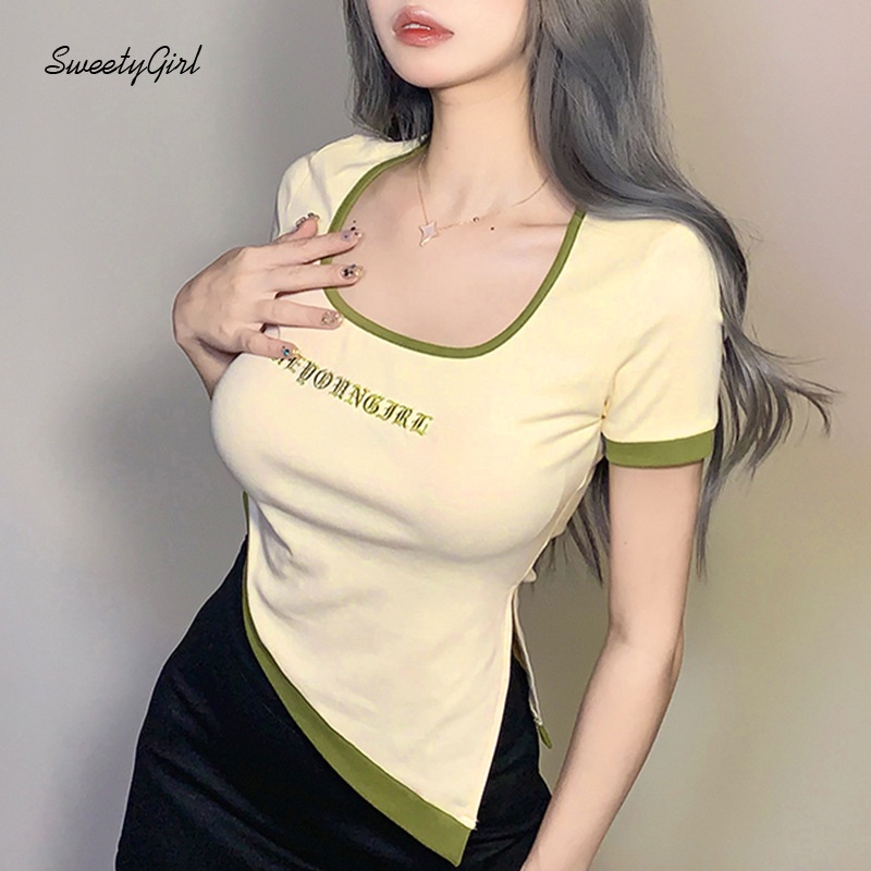 Áo Thun Tay Ngắn Cổ Vuông Thêu Họa Tiết Màu Sắc Tương Phản Quyến Rũ Thời Trang Cho Nữ 2022