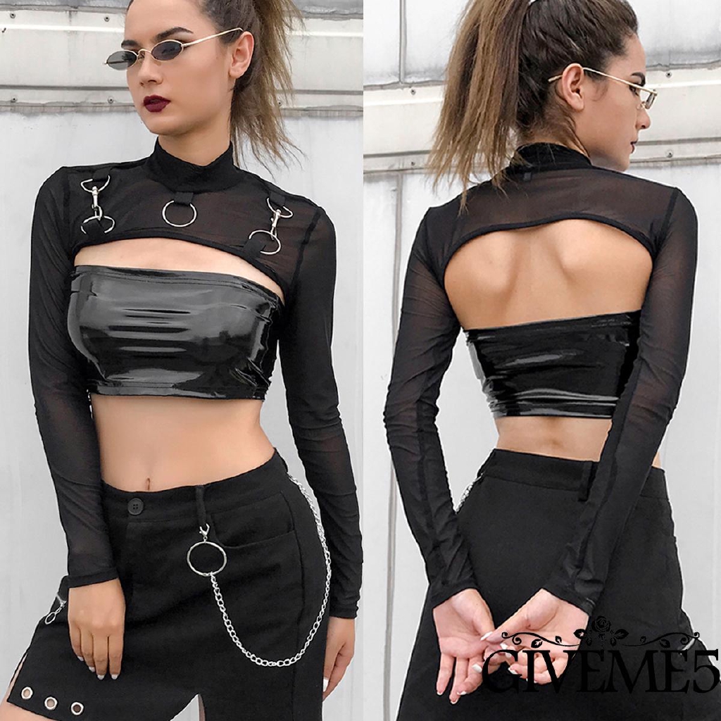 Áo Croptop Tay Dài Phối Lưới Thiết Kế Quyến Rũ Cho Phái Nữ