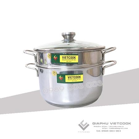 [HÀNG CHÍNH HÃNG]Bộ xửng hấp 3 đáy inox 430 Vietcook nắp kính, dùng được cho bếp từ tặng muống bới xôi(30cm)