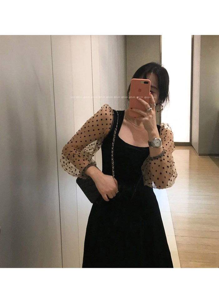 Đầm Nhung Tay Dài Phối Lưới Họa Tiết Chấm Bi Thời Trang Cho Nữ | BigBuy360 - bigbuy360.vn