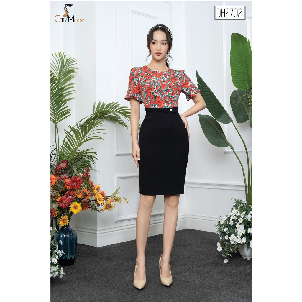 Đầm ôm peplum công sở đen phối hoa thân trên chất liệu co giãn cao cấp DH2702