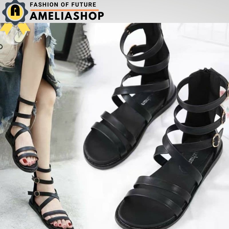 Sandal đế bằng dây chéo phối khóa kéo sau thời trang Ulzzang.Dép đi học da trơn siêu mềm bền đẹp siêu nhe