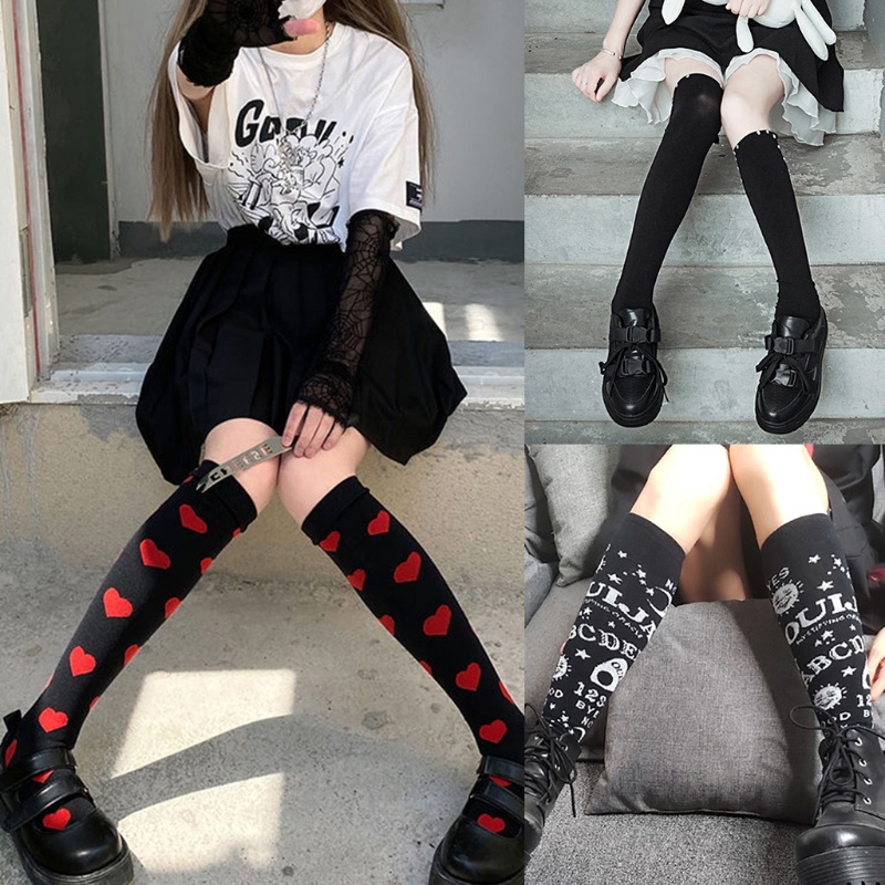 Vớ chân cao đến đầu gối in họa tiết trái tim trang trí nơ đính đá phong cách gothic punk lolita cho nữ