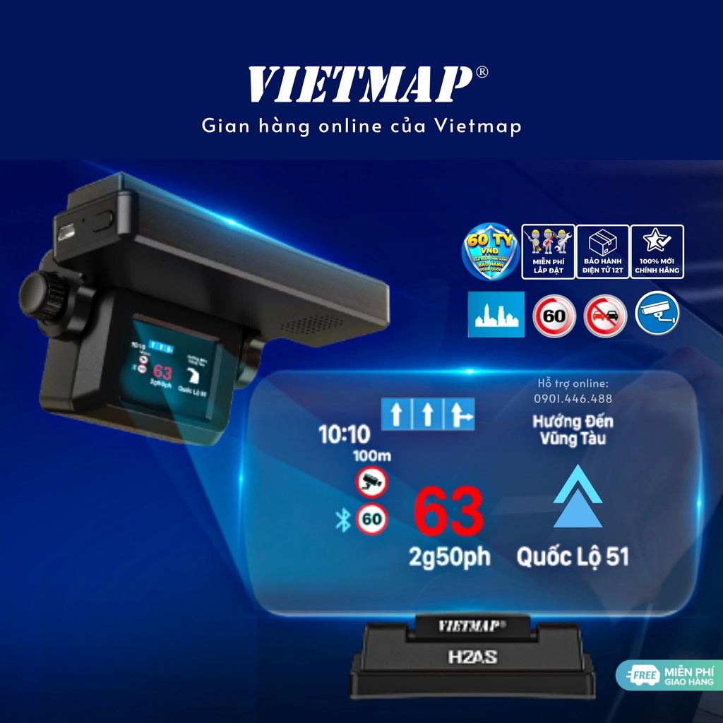 Vietmap H2AS - Màn hình HUD Cảnh báo giao thông dẫn đường Vietmap Live - Hàng chính hãng