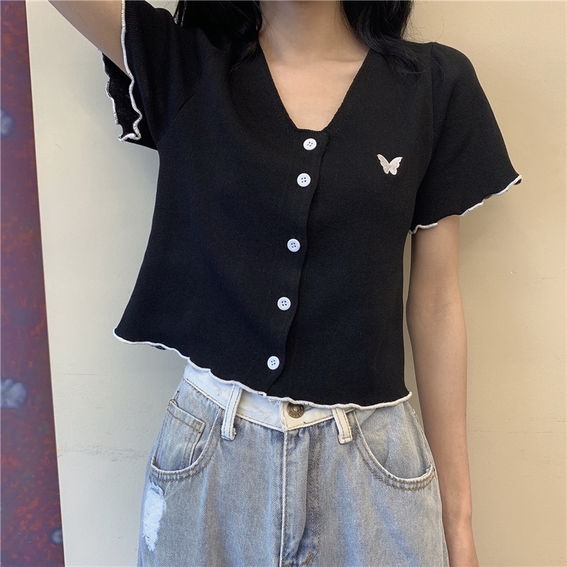 [áo croptop nữ tay ngắn] Áo croptop kiểu nữ tiểu thư đẹp tay ngắn cổ V màu trắng đen xanh điệu đà, áo croptop